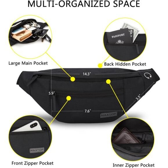 MAXTOP Large Crossbody Fanny Pack with 4-Zipper Pockets,Gifts for Enjoy Sports - Picture 3 of 7